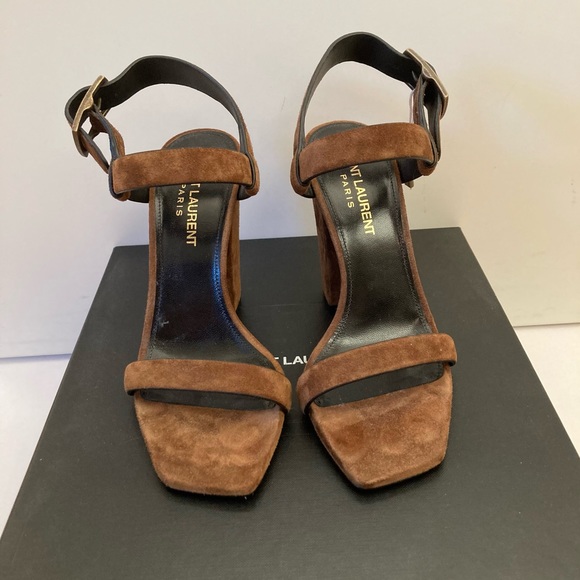 NWT Saint Laurent Oak 100 Khaki Suede Block Heel Ankle Strap Slingback Sandals - Picture 5 of 8